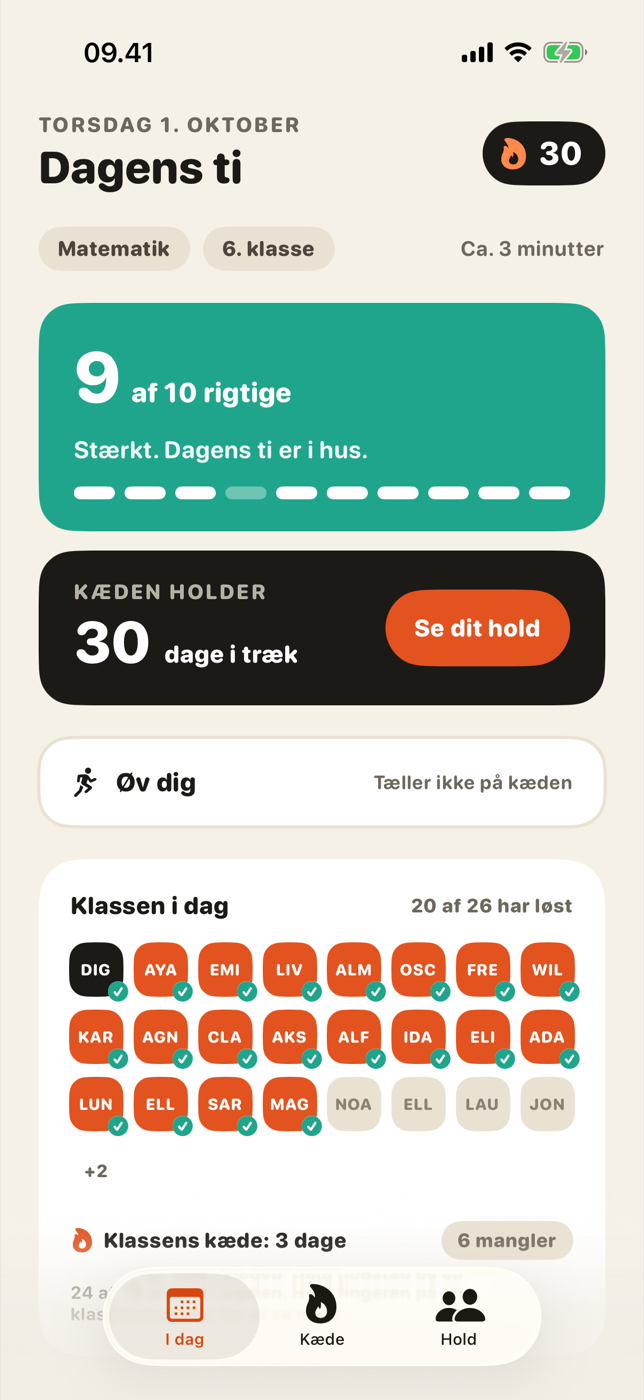 Dagens resultat: 9 af 10 rigtige, 30 dage i træk og klassens status